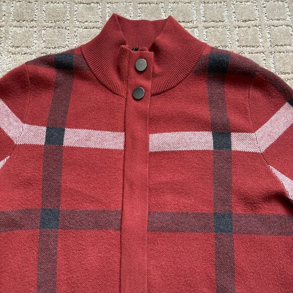 Tahari Plaid Mid Length Duster Jacket Women's S Fleece Red Orange Pockets Zip - Picture 2 of 10